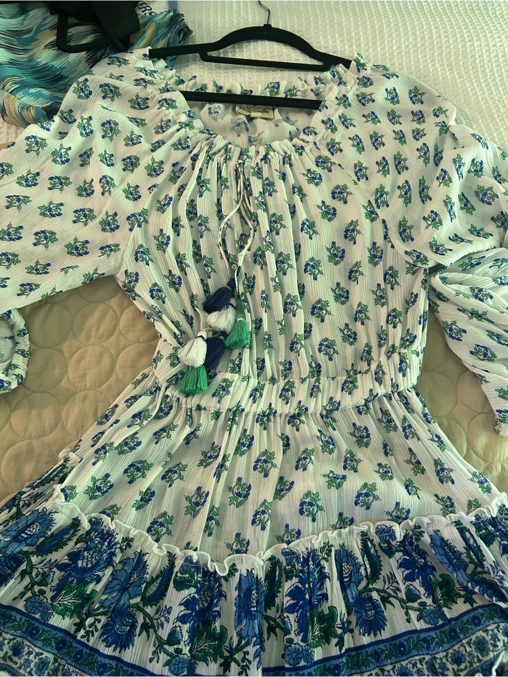 Floral Tassel Peasant Dress in Blue & Green